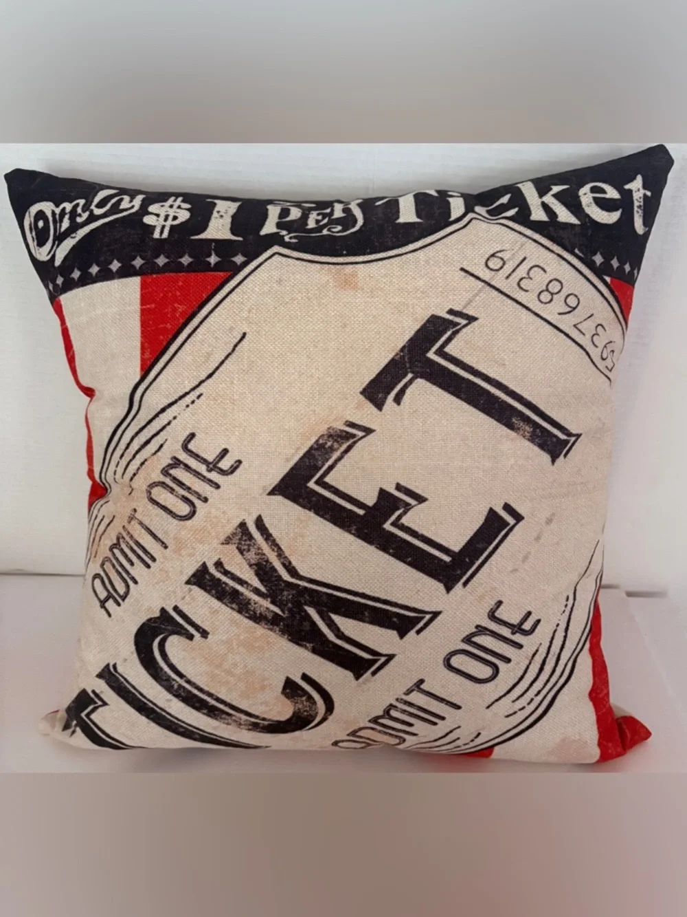 Vintage Movie Night Ticket Graphic Art Cover Throw Pillow. Size 19 X 19